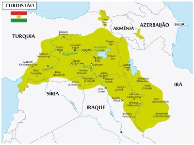 Mapa com a região estimada de reivindicação dos curdos para a criação do Curdistão