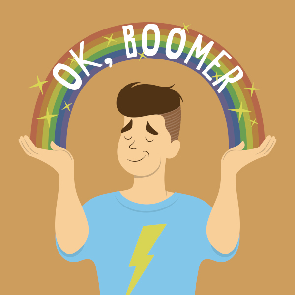 Ilustração de jovem segurando um arco-íris com “ok, boomer” escrito por cima em branco.