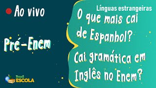 "Pré-Enem | O que mais cai de Espanhol? / Cai gramática em Inglês no Enem?" escrito sobre fundo verde
