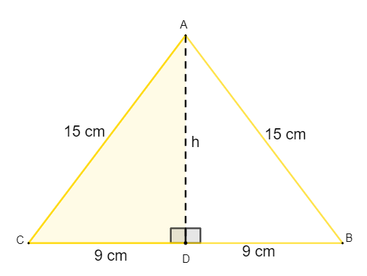 Triângulo isósceles de lados de 15 cm e base de 18 cm