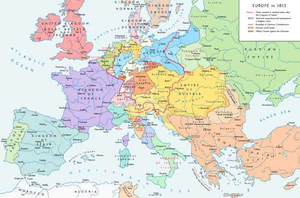 Mapa europeu com as fronteiras definidas em 1815 logo após o Congresso de Viena. [1]