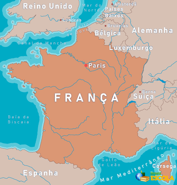 Mapa da França com suas principais cidades e territórios fronteiriços