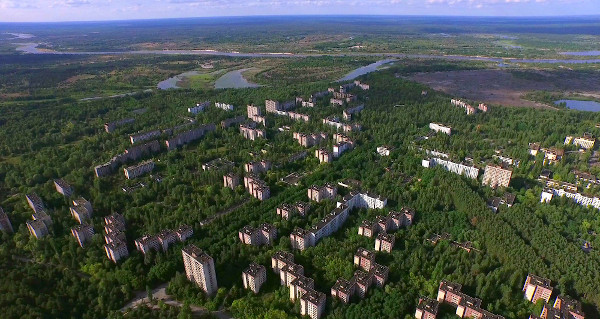 Vista aérea da zona de exclusão de Chernobyl, área que ficou inabitada após o acidente em 1986.