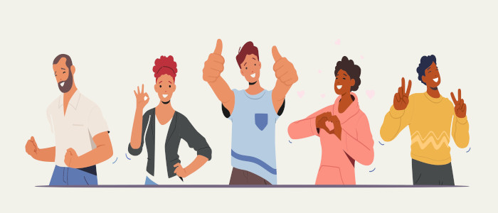 Ilustração de cinco pessoas utilizando a linguagem corporal para se expressar.