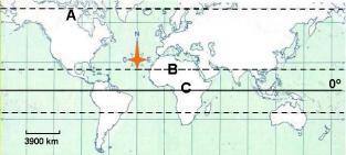  Mapa-múndi com três letras (A, B e C) indicando regiões de ação de intemperismo.