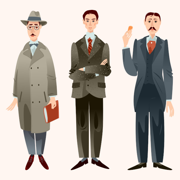 Na ilustração, da esquerda para a direita, Fernando Pessoa, Franz Kafka e Marcel Proust.