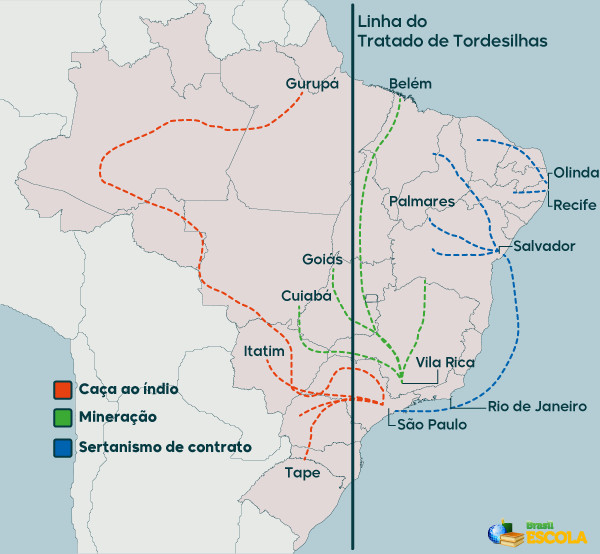 Mapa indicando a expansão bandeirante no Brasil.