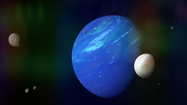 Representação do planeta Netuno com suas luas.