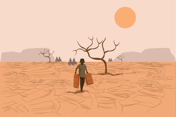 Ilustração de várias pessoas indo embora de uma região de seca.