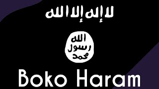 Texto"Boko Haram" próximo a uma representação do símbolo do Boko Haram.