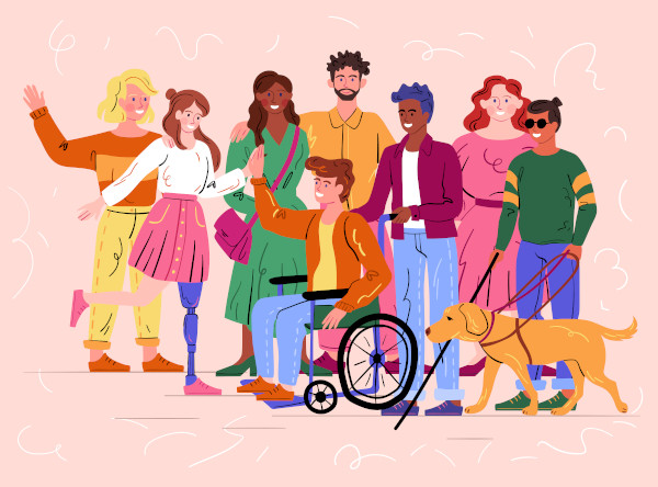 Ilustração de pessoas com diversos tipos de deficiência.
