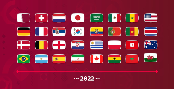 Bandeiras dos 32 países participantes da Copa do Mundo 2022.