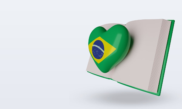 Coração, com a bandeira do Brasil, saindo de um livro como representação da literatura brasileira.