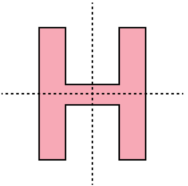 Figura geométrica em forma de H dividida ao meio por reta.