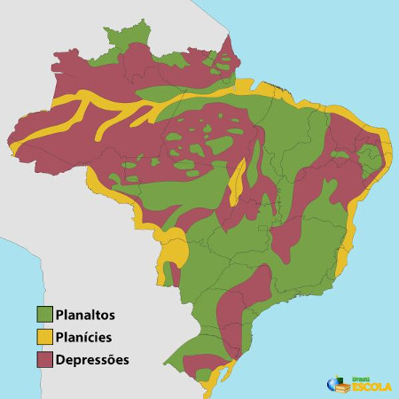 Mapa representando a constituição do relevo brasileiro.