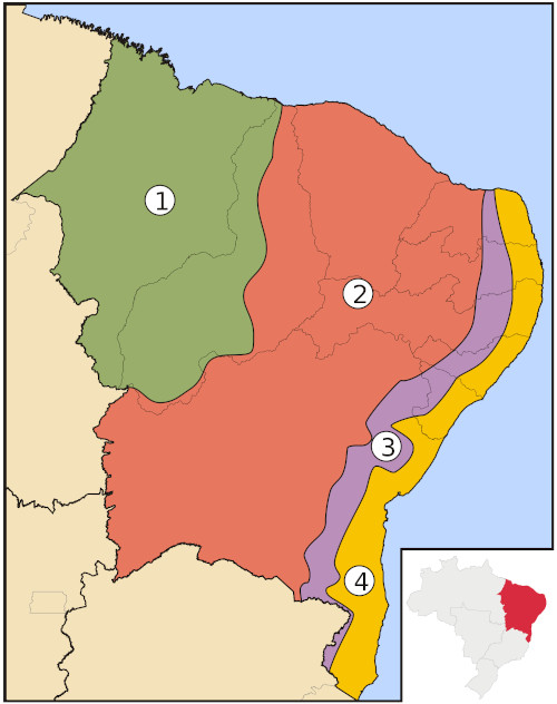 Mapa com as sub-regiões do Nordeste, incluindo o Agreste.