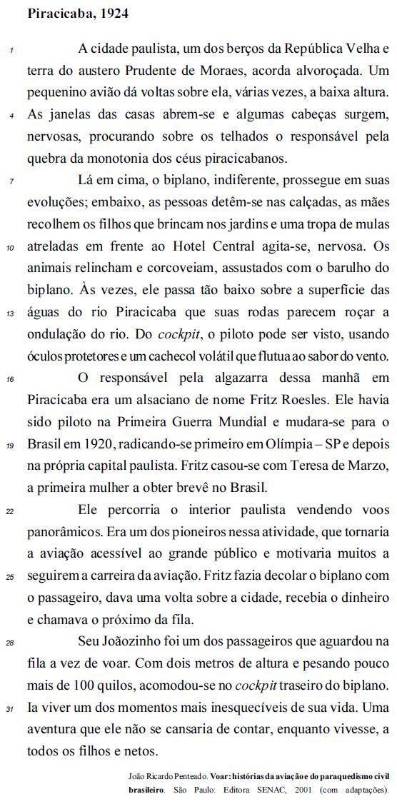 Texto “Voar: histórias da aviação e do paraquedismo civil brasileiro” adaptado para questão sobre acentuação.