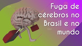 "Fuga de cérebros no Brasil e no mundo" escrito em ilustração de um cérebro carregando malas para representar a ideia de fuga de cérebros