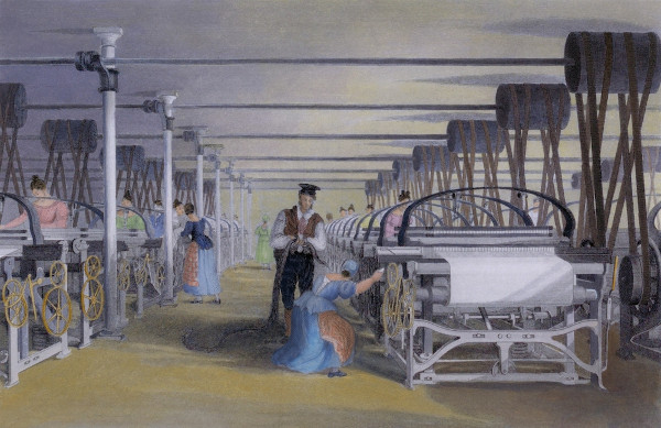 Representação da estrutura de uma típica indústria têxtil da Inglaterra dos séculos XVIII e XIX.
