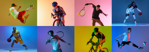  Imagem criada pela junção de imagens de quatro esportes: futebol, ciclismo, tênis e beisebol.