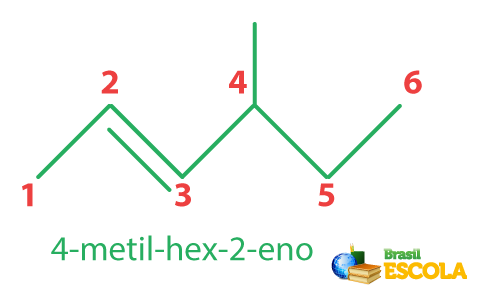 Fórmula química e nomenclatura do 4-metil-hex-2-eno de acordo com a Iupac.