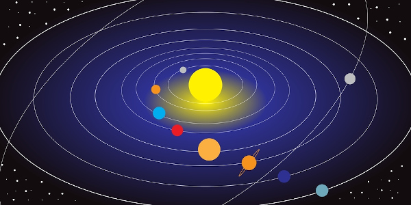 Ilustração representando a ideia defendida pela teoria do heliocentrismo, para a qual o Sol está no centro do Universo.