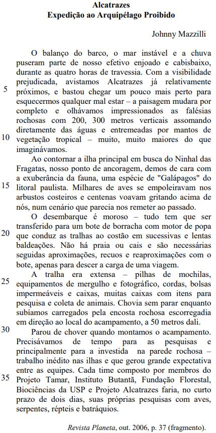 Fragmento do texto “Alcatrazes”, de Johnny Mazzili, para resolução de questão da UFRJ sobre tempos verbais.