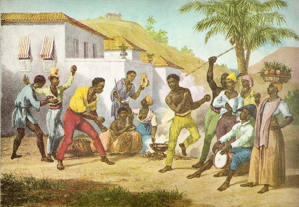 Quadro “Jogar capoeira” ou “Danse de la guerre”, de John Moritz Rugendas, de 1835, um dos primeiros registros da capoeira.
