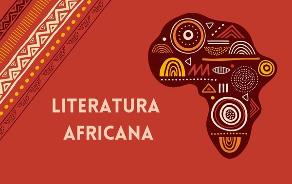 Representação gráfica do formato do continente africano ao lado do escrito “literatura africana”.
