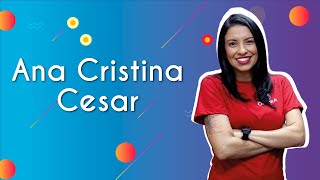 "Ana Cristina Cesar" escrito sobre fundo colorido ao lado da imagem da professora