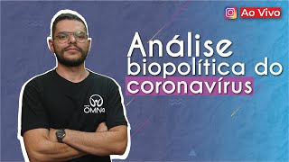 "Análise biopolítica do coronavírus" escrito sobre fundo azul ao lado da imagem do professor