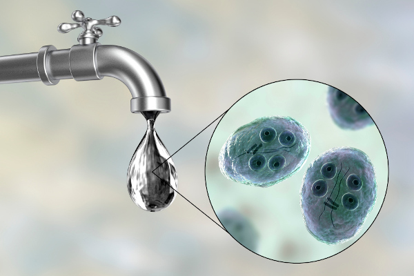 Ilustração de uma torneira com água contaminada por protozoários causadores da giardíase.