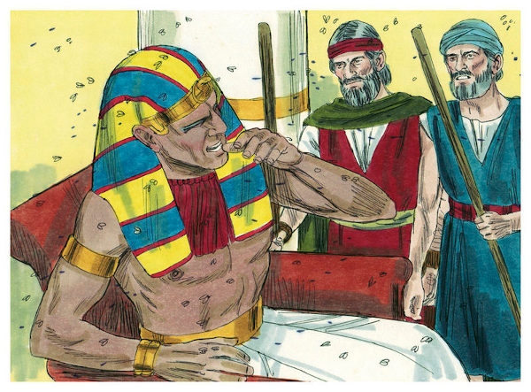 Ilustração do faraó cercado por moscas, sendo observado por Moisés e Arão, durante uma das dez pragas do Egito.