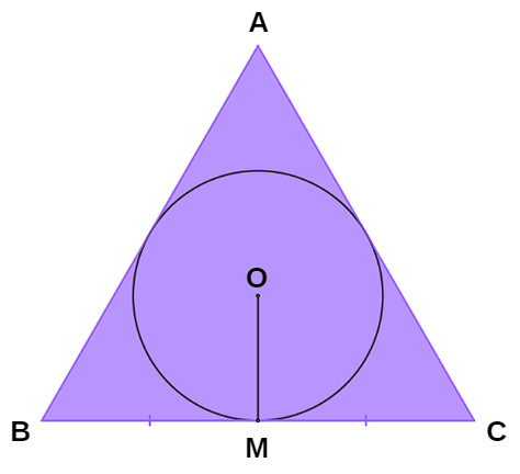 Ilustração mostra um círculo, que possui o segmento do apótema delimitado, inscrito em um triângulo.
