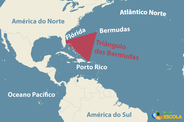 Mapa indicando a localização do Triângulo das Bermudas, uma região do Oceano Atlântico que possui muitos mistérios.