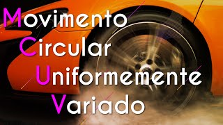 Escrito"Movimento circular uniformemente variado" sobre uma representação de uma roda de carro.