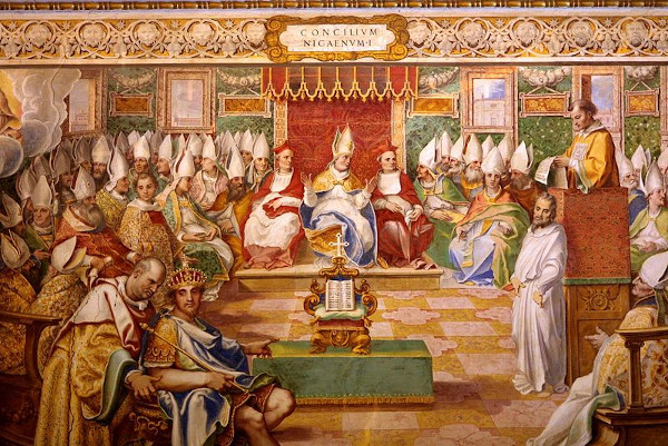 Pintura representando autoridades da Igreja Católica em torno de uma Bíblia definindo o dia da Páscoa no Concílio de Niceia.