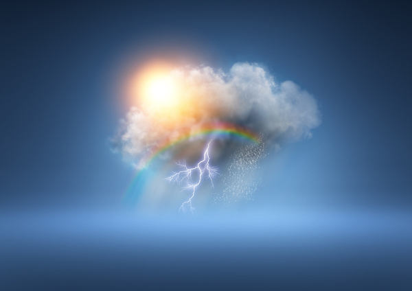 Arco-íris e raio sobre nuvem encobrindo parte do Sol, em referência aos elementos climáticos.