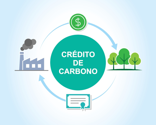 Ilustração do ciclo do crédito de carbono (indústria, dinheiro, árvores e certificado), técnica que visa ao carbono neutro.