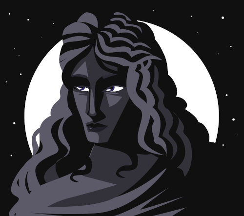 Ilustração de Nix representada por uma mulher de cabelos longos em tons escuros; ao fundo, lua e estrelas.