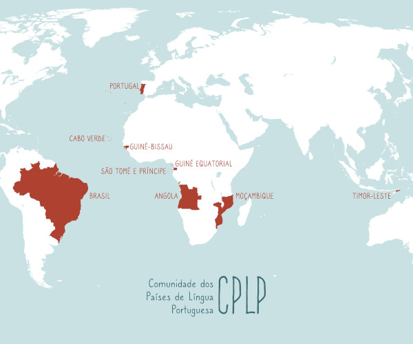 Mapa-múndi com destaque para os países que fazem parte da Comunidade dos Países de Língua Portuguesa.