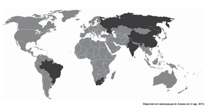 Mapa-múndi com destaque para os países que formam o Brics.