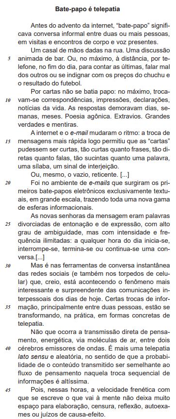  Parte 1 do texto “Bate-papo é telepatia”, de Arnaldo Bloch, presente em uma questão da Cesgranrio sobre gradação ou clímax.