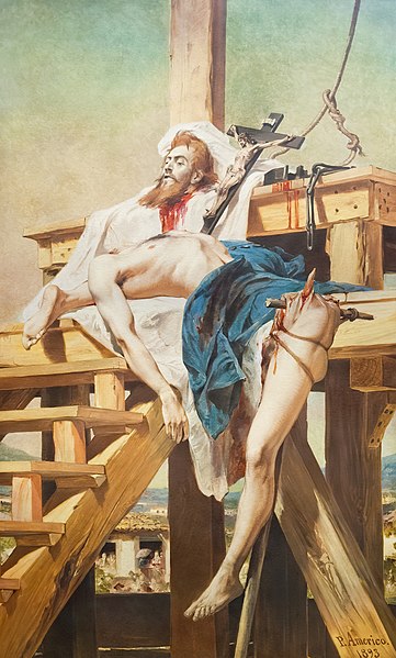 Pintura de Pedro Américo que retrata o corpo de Tiradentes esquartejado, exposto em uma estrutura de madeira.