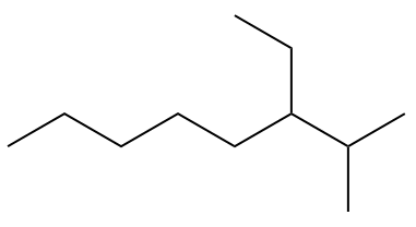 Estrutura do 3-etil-2-metiloctano em uma questão da UEG sobre nomenclatura dos hidrocarbonetos.