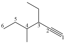 Estrutura utilizada na nomenclatura do hidrocarboneto 3-etil-4-metil-hex-1-ino, um alcino.
