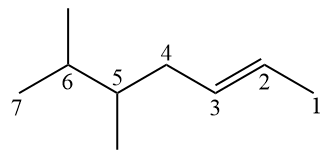 Estrutura utilizada na nomenclatura do hidrocarboneto 5,6-dimetil-hept-2-eno, um alceno.