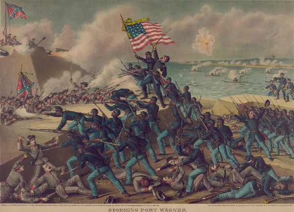 Pintura representando o 54º Regimento de Infantaria Voluntária de Massachusetts em combate na Guerra Civil Americana.