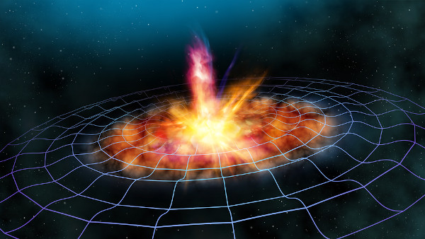 Ilustração 3D de uma explosão causando ondas gravitacionais.