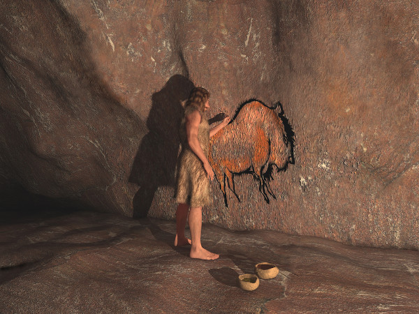 Ilustração de um ser humano pintando uma parede de caverna, remetendo ao Paleolítico.